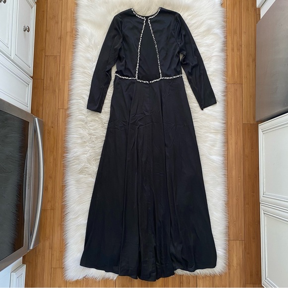 Mac Duggal Black Satin Long Sleeve Silver Rhinestone Trim Open Back Gown 26524 - Picture 7 of 14